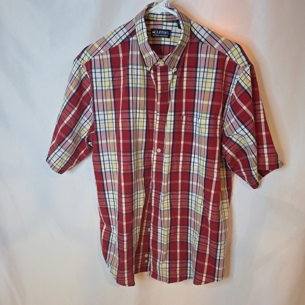 Puritan Button Up Shirt Men's Medium Red Yellow Plaid Short Sleeve